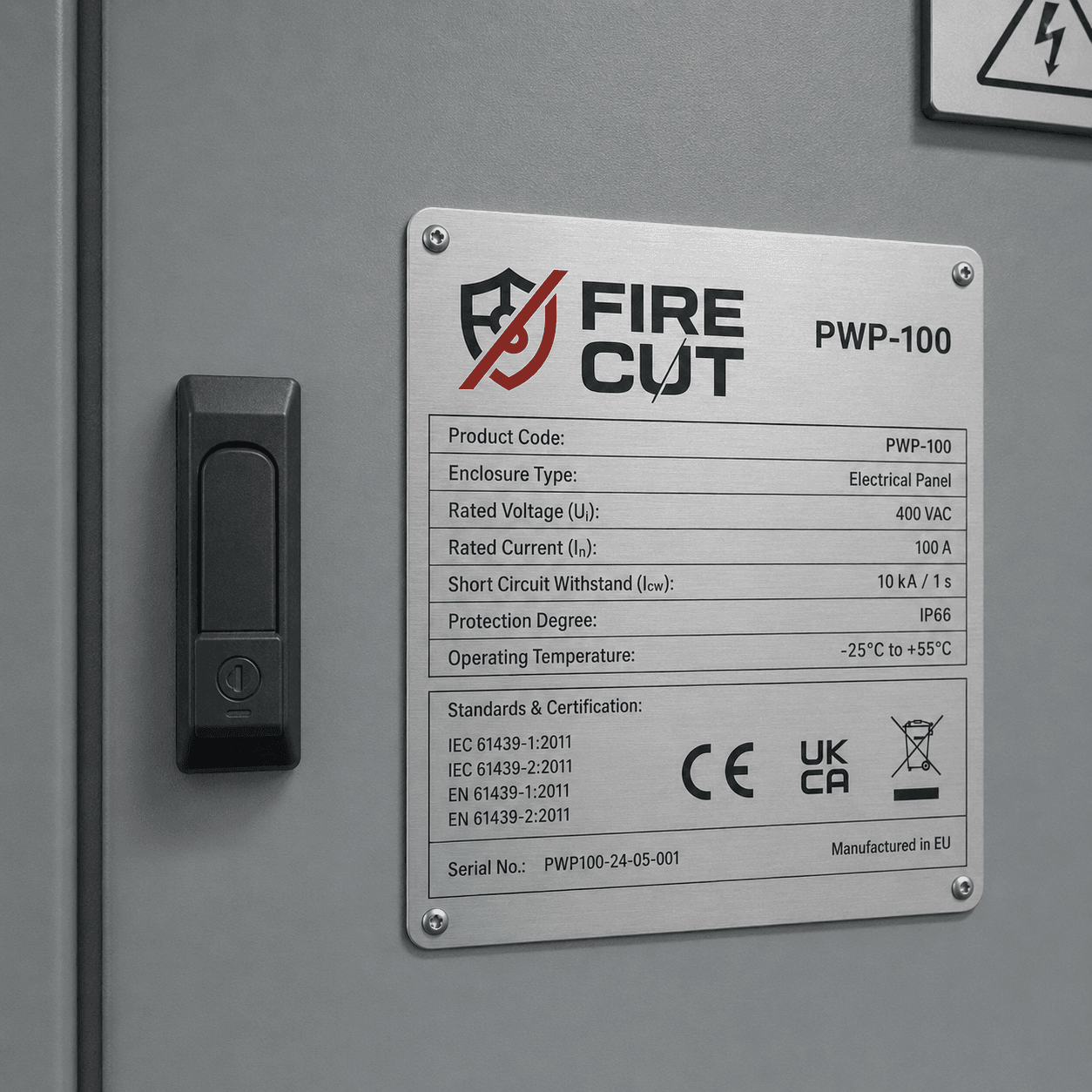 Tabliczka znamionowa urządzenia FIRE CUT zamontowana na obudowie rozdzielnicy